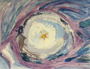 A painting of the artist's vision in her near-death-experience. A woman in silhouette hovers in a ring of bright blues, purples and ethereal light, looking in to the gold light being at the center that is higher consciousness. 