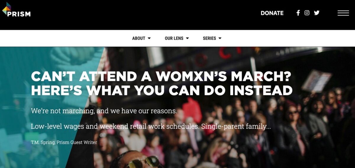 Image of the OurPrism.org home page showing the womens march story